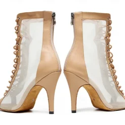 Women's Black Lace-Up Mesh Dance Boots - Open-Toe Stiletto Heels for Ballroom, Salsa, and Evening Wear