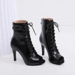 Women's Black Lace-Up Peep-Toe Dance Boots with Stiletto Heel, Stylish High Heels for Ballroom and Latin Dance