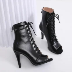 Women's Black Lace-Up Peep-Toe Dance Boots with Stiletto Heel, Stylish High Heels for Ballroom and Latin Dance