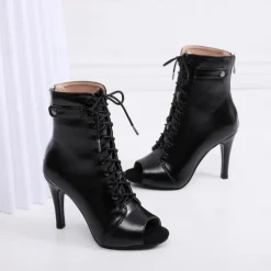 Women's Black Lace-Up Peep-Toe Dance Boots with Stiletto Heel, Stylish High Heels for Ballroom and Latin Dance