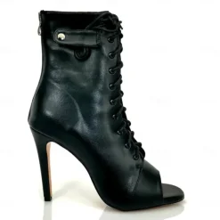 Women's Black Lace-Up Peep-Toe Dance Boots with Stiletto Heel, Stylish High Heels for Ballroom and Latin Dance