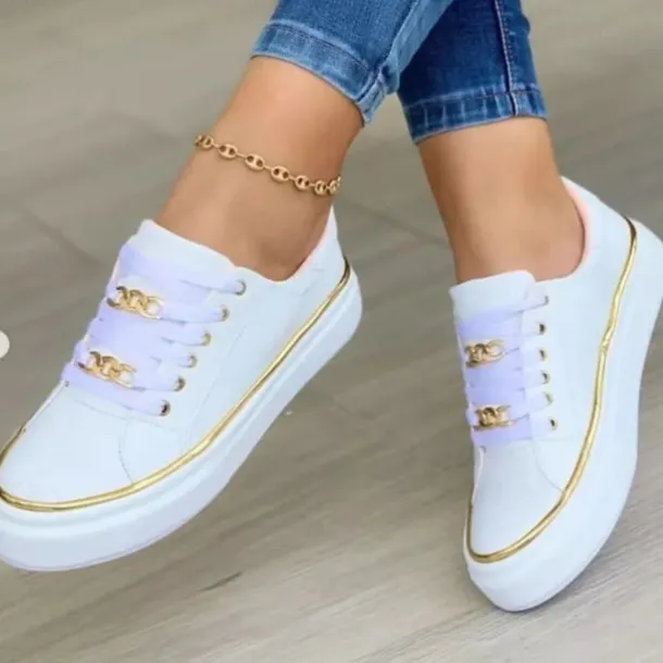 Women's Black Lace-Up Sneakers with Gold Chain Detail – Casual Fashion Shoes for Everyday Wear