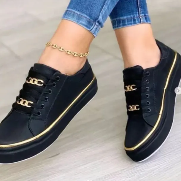 Women's Black Lace-Up Sneakers with Gold Chain Detail – Casual Fashion Shoes for Everyday Wear