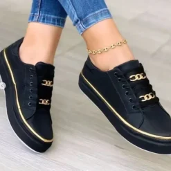 Women's Black Lace-Up Sneakers with Gold Chain Detail – Casual Fashion Shoes for Everyday Wear