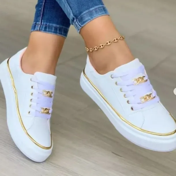 Women's Black Lace-Up Sneakers with Gold Chain Detail – Casual Fashion Shoes for Everyday Wear