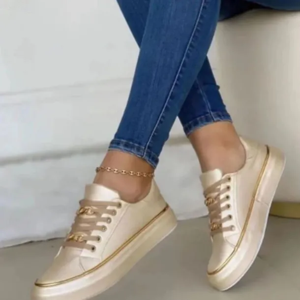 Women's Black Lace-Up Sneakers with Gold Chain Detail – Casual Fashion Shoes for Everyday Wear