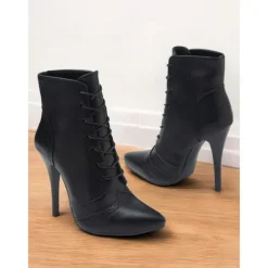 Women's Black Lace-Up Stiletto Ankle Boots with Brogue Detailing - Gothic Witch Shoes for Halloween and Cosplay