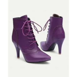 Women's Black Lace-Up Stiletto Ankle Boots with Brogue Detailing - Gothic Witch Shoes for Halloween and Cosplay