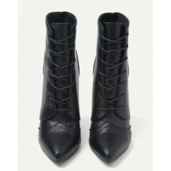 Women's Black Lace-Up Stiletto Ankle Boots with Brogue Detailing - Gothic Witch Shoes for Halloween and Cosplay