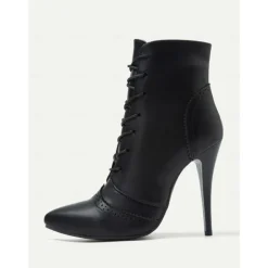 Women's Black Lace-Up Stiletto Ankle Boots with Brogue Detailing - Gothic Witch Shoes for Halloween and Cosplay