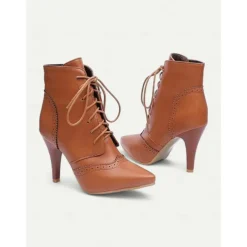 Women's Black Lace-Up Stiletto Ankle Boots with Brogue Detailing - Gothic Witch Shoes for Halloween and Cosplay