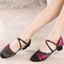 Women's Black Latin Dance Shoes with Gold Glitter Accents – Comfortable Low-Heel Ballroom & Salsa Performance Footwear