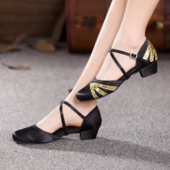 Women's Black Latin Dance Shoes with Gold Glitter Accents – Comfortable Low-Heel Ballroom & Salsa Performance Footwear