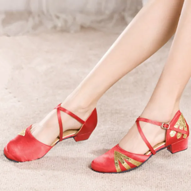 Women's Black Latin Dance Shoes with Gold Glitter Accents – Comfortable Low-Heel Ballroom & Salsa Performance Footwear