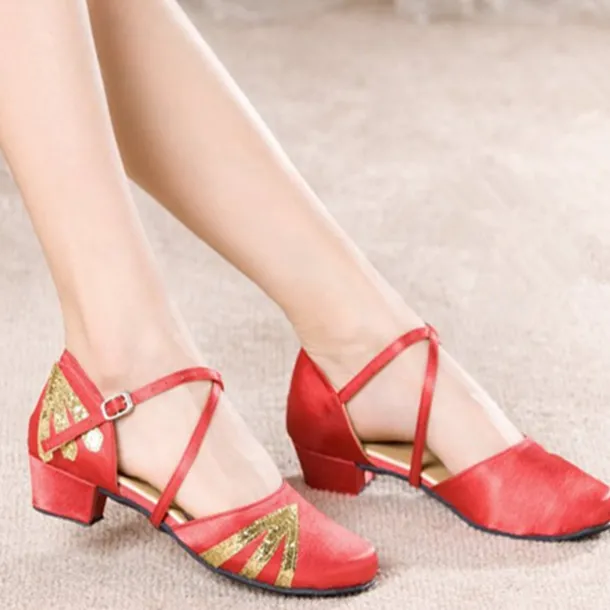 Women's Black Latin Dance Shoes with Gold Glitter Accents – Comfortable Low-Heel Ballroom & Salsa Performance Footwear