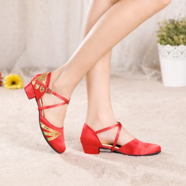 Women's Black Latin Dance Shoes with Gold Glitter Accents – Comfortable Low-Heel Ballroom & Salsa Performance Footwear