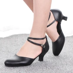 Women's Black Latin Dance Shoes – Comfortable Low Heel Ballroom Shoes with Cross Ankle Straps – Professional Performance & Practice Footwear