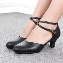 Women's Black Latin Dance Shoes – Comfortable Low Heel Ballroom Shoes with Cross Ankle Straps – Professional Performance & Practice Footwear