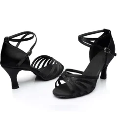 Women's Black Latin Dance Shoes with Strappy Design and Kitten Heels - Comfortable Ballroom Sandals for Salsa and Tango