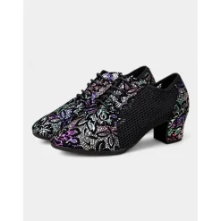 Women's Black Leather Lace-Up Dance Shoes with Mesh Panels and Floral Embroidery, Lightweight Shoes for Ballroom, Latin, and Jazz Dancing