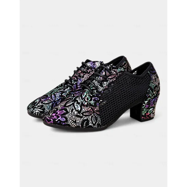 Women's Black Leather Lace-Up Dance Shoes with Mesh Panels and Floral Embroidery, Lightweight Shoes for Ballroom, Latin, and Jazz Dancing