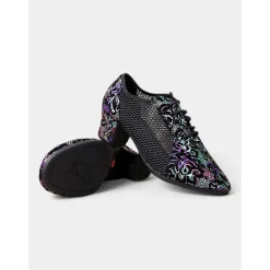 Women's Black Leather Lace-Up Dance Shoes with Mesh Panels and Floral Embroidery, Lightweight Shoes for Ballroom, Latin, and Jazz Dancing