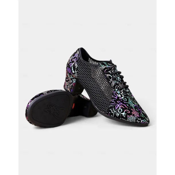 Women's Black Leather Lace-Up Dance Shoes with Mesh Panels and Floral Embroidery, Lightweight Shoes for Ballroom, Latin, and Jazz Dancing