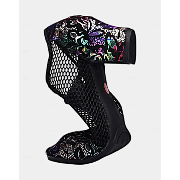 Women's Black Leather Lace-Up Dance Shoes with Mesh Panels and Floral Embroidery, Lightweight Shoes for Ballroom, Latin, and Jazz Dancing