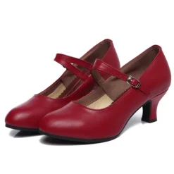 Women's Black Leather Mary Jane Dance Shoes with Adjustable Strap, Mid Heel - Perfect for Ballroom, Latin, and Performance Dance