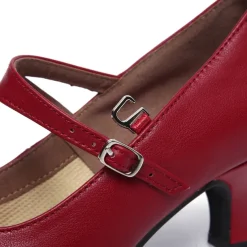 Women's Black Leather Mary Jane Dance Shoes with Adjustable Strap, Mid Heel - Perfect for Ballroom, Latin, and Performance Dance