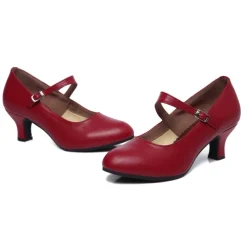 Women's Black Leather Mary Jane Dance Shoes with Adjustable Strap, Mid Heel - Perfect for Ballroom, Latin, and Performance Dance