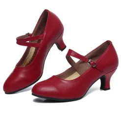 Women's Black Leather Mary Jane Dance Shoes with Adjustable Strap, Mid Heel - Perfect for Ballroom, Latin, and Performance Dance