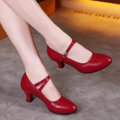 Women's Black Leather Mary Jane Dance Shoes with Adjustable Strap, Mid Heel - Perfect for Ballroom, Latin, and Performance Dance