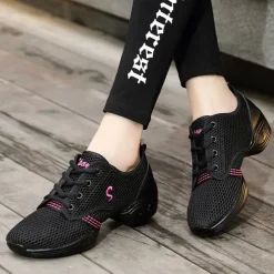 Women's Black Mesh Breathable Dance Sneakers – Lightweight Lace-Up Jazz and Hip-Hop Shoes for Latin, Zumba, and Fitness Training