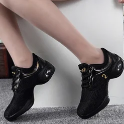 Women's Black Mesh Dance Sneakers – Breathable Lightweight Jazz Shoes with Air Cushion Sole for Zumba, Hip Hop, and Fitness Training