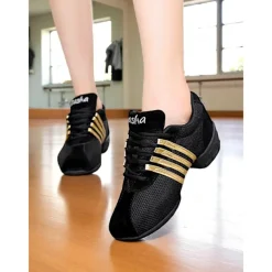 Women's Black Mesh Dance Sneakers - Lightweight Breathable Jazz and Hip Hop Practice Shoes with Red Stripes for Fitness and Performance