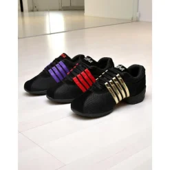 Women's Black Mesh Dance Sneakers - Lightweight Breathable Jazz and Hip Hop Practice Shoes with Red Stripes for Fitness and Performance