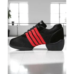 Women's Black Mesh Dance Sneakers - Lightweight Breathable Jazz and Hip Hop Practice Shoes with Red Stripes for Fitness and Performance