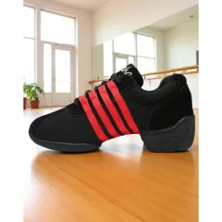 Women's Black Mesh Dance Sneakers - Lightweight Breathable Jazz and Hip Hop Practice Shoes with Red Stripes for Fitness and Performance