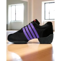 Women's Black Mesh Dance Sneakers - Lightweight Breathable Jazz and Hip Hop Practice Shoes with Red Stripes for Fitness and Performance