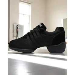 Women's Black Mesh Dance Sneakers - Lightweight Breathable Jazz and Hip Hop Practice Shoes with Red Stripes for Fitness and Performance