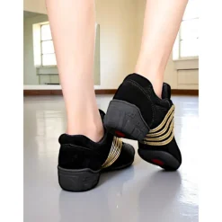 Women's Black Mesh Dance Sneakers - Lightweight Breathable Jazz and Hip Hop Practice Shoes with Red Stripes for Fitness and Performance