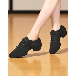 Women's Black Mesh Jazz Dance Sneakers - Lightweight Breathable Lace-Up Shoes for Professional Latin, Ballroom, and Practice Training