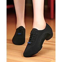 Women's Black Mesh Jazz Dance Sneakers - Lightweight Breathable Lace-Up Shoes for Professional Latin, Ballroom, and Practice Training