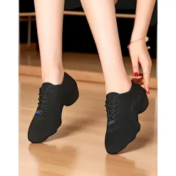 Women's Black Mesh Jazz Dance Sneakers - Lightweight Breathable Lace-Up Shoes for Professional Latin, Ballroom, and Practice Training