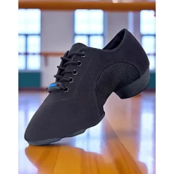 Women's Black Mesh Jazz Dance Sneakers - Lightweight Breathable Lace-Up Shoes for Professional Latin, Ballroom, and Practice Training