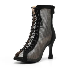 Women's Black Mesh Lace-Up Dance Shoes with Open-Toe Design - Stylish High Heel Performance Shoes for Salsa, Tango, and Latin Dance