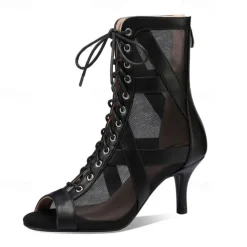 Women's Black Mesh Lace-Up Dance Boots with Open Toe and Stiletto Heel - Ideal for Ballroom and Latin Dance