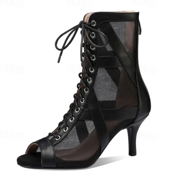 Women's Black Mesh Lace-Up Dance Boots with Open Toe and Stiletto Heel - Ideal for Ballroom and Latin Dance