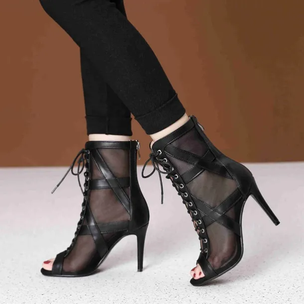 Women's Black Mesh Lace-Up Dance Boots with Open Toe and Stiletto Heel - Ideal for Ballroom and Latin Dance